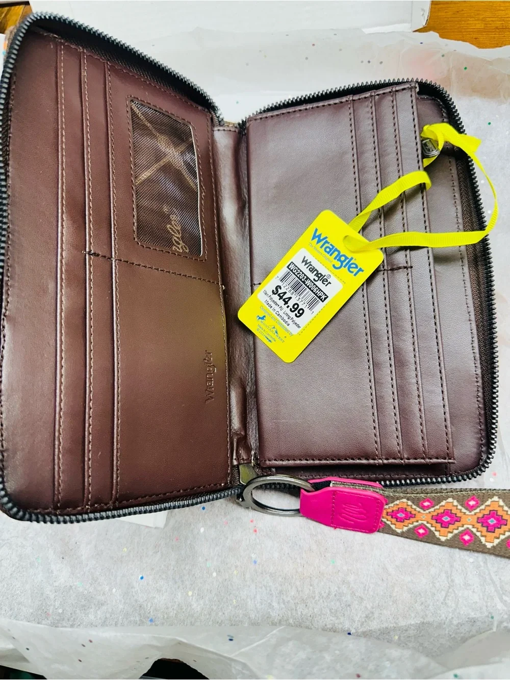 Wrangler Pink and Brown Embroidered Wristlet Wallet with Strap